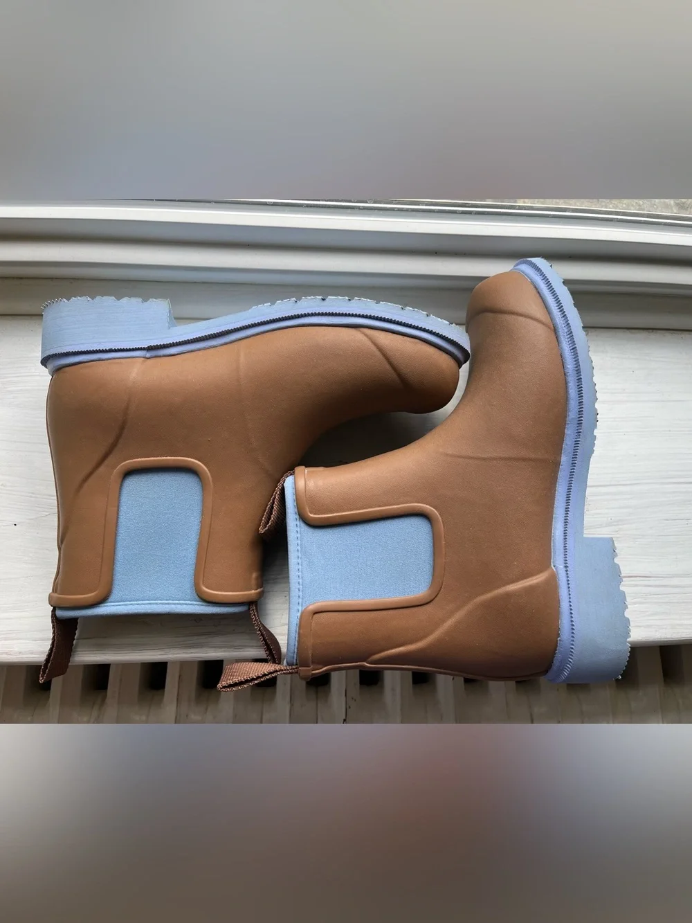 Merry People Bobbi Ankle Rain Boot Chestnut Brown & Ice Blue 5